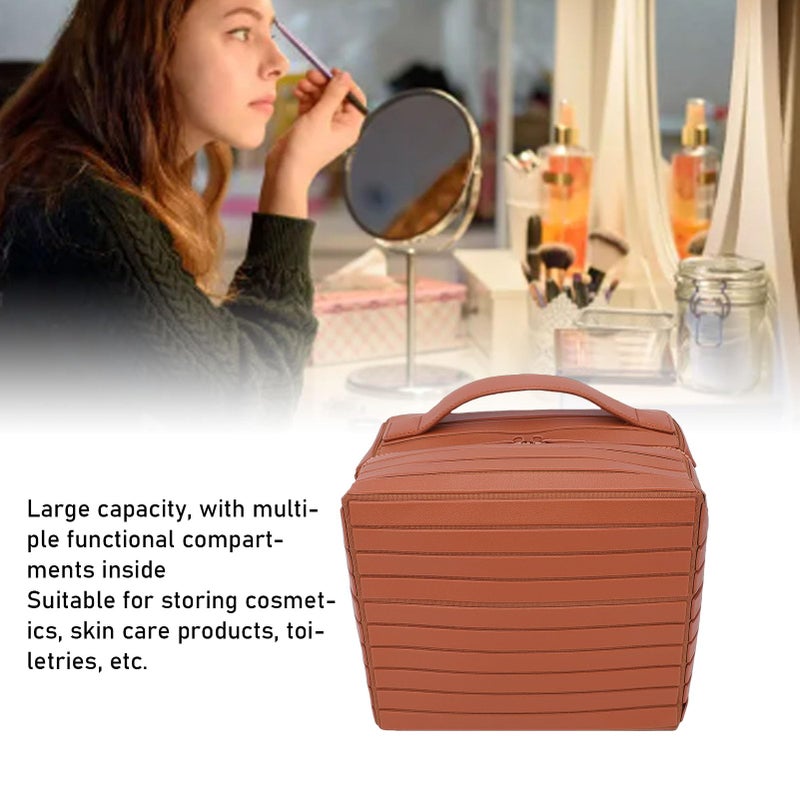 ciciglow Travel Makeup Bag, Large Capacity Cosmetic Bags for Women, Fold Down Water Proof Toiletry Bag, Pull Open Design (Brown) - Image 4
