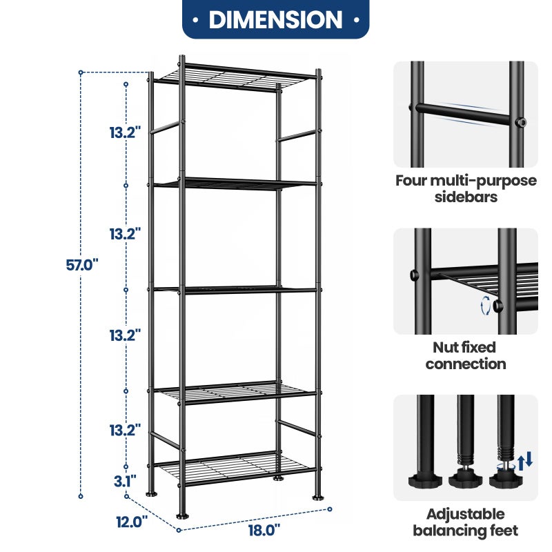 Abiglifty Storage Shelves, 5-Tier Metal Shelving, Wire Shelving Unit with Adjustable Leveling Feet, Shelf Organizer for Bathroom, Pantry, Laundry - Image 2