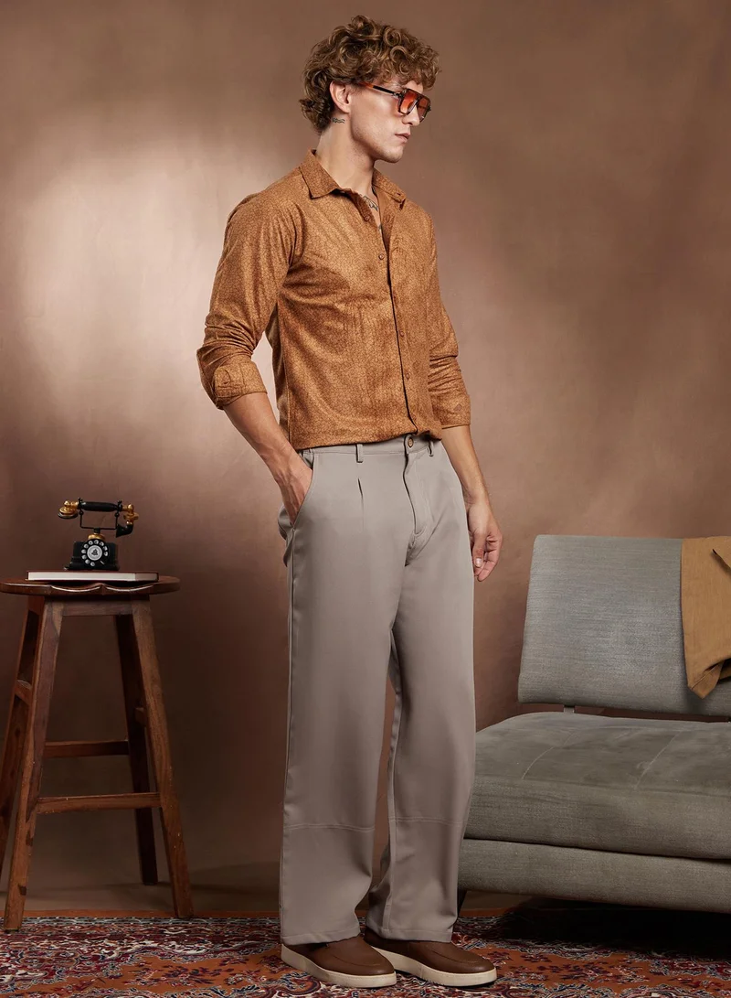 Campus Sutra Campus Sutra Men's Copper Brown Crevice-Tactile Shirt For Casual Wear | Spread Collar | Long Cuffed Sleeves | Button Closure | Shirt Crafted With Comfort Fit For Everyday Wear