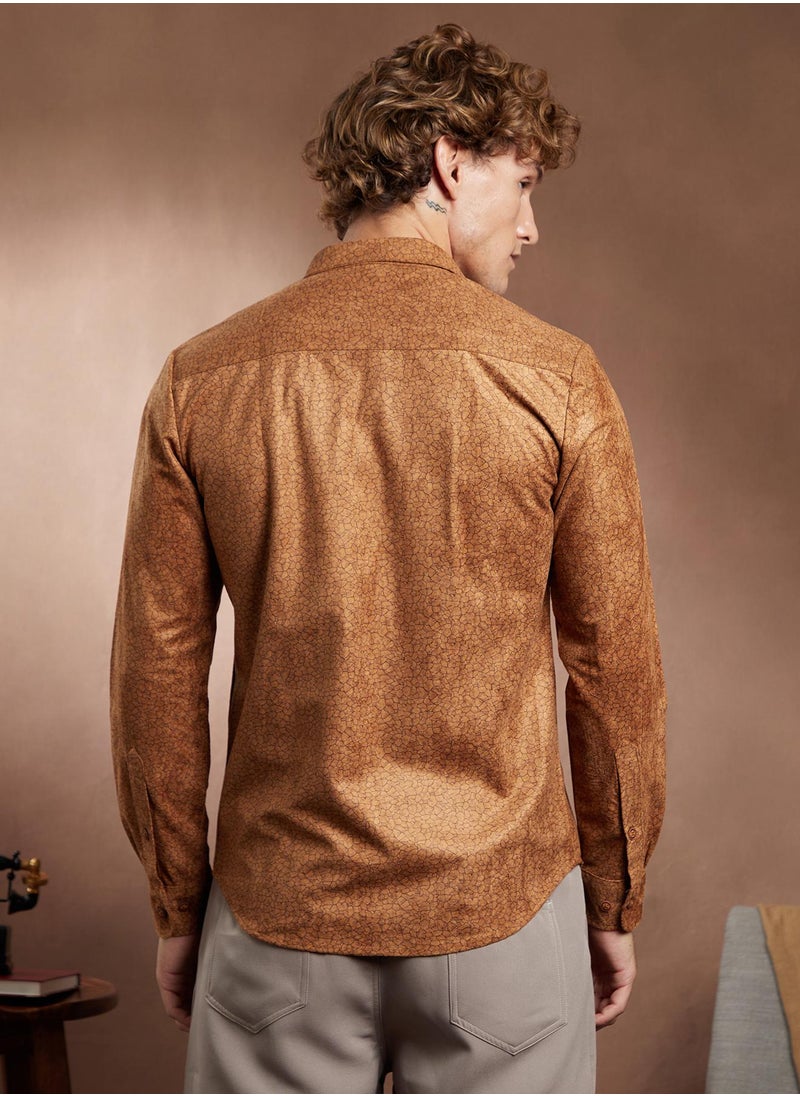 Campus Sutra Campus Sutra Men's Copper Brown Crevice-Tactile Shirt For Casual Wear | Spread Collar | Long Cuffed Sleeves | Button Closure | Shirt Crafted With Comfort Fit For Everyday Wear  - Image 5