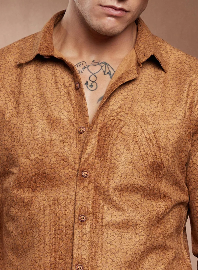 Campus Sutra Campus Sutra Men's Copper Brown Crevice-Tactile Shirt For Casual Wear | Spread Collar | Long Cuffed Sleeves | Button Closure | Shirt Crafted With Comfort Fit For Everyday Wear