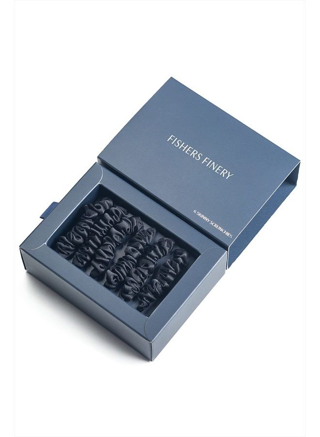 Fishers Finery 25 Momme Pure Mulberry Silk Black Scrunchies | Skinny Silk Hair Ties (Black 6 Pk) - Image 1