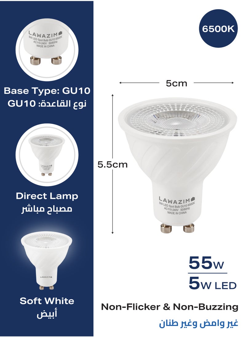 LAWAZIM 5W LED Spot GU10 -6 Piece 6500K Daylight- Energy Saving 55W Equivalent Non-Dimmable Lightbulbs with 350 Lumens and a Lifespan of 15,000 Hours - Ideal for Ceiling Lights and Recessed Fixtures  - Image 2