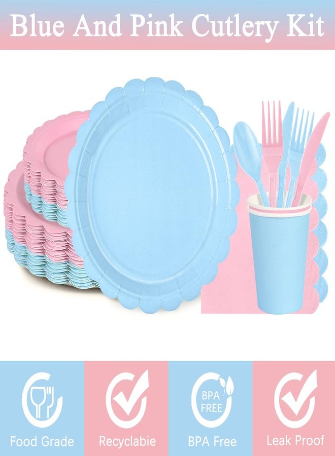 WNINK 168 PCS Light Pink and Blue Scalloped Plates and Napkins, Pink Disposable Plates Set with Napkins Cups Plastic Spoons Forks Knivesfor Baby Shower Gender Reveal Birthday Party Supplies Serve 24 Guests - Image 3