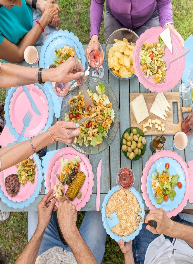 WNINK 168 PCS Light Pink and Blue Scalloped Plates and Napkins, Pink Disposable Plates Set with Napkins Cups Plastic Spoons Forks Knivesfor Baby Shower Gender Reveal Birthday Party Supplies Serve 24 Guests - Image 5
