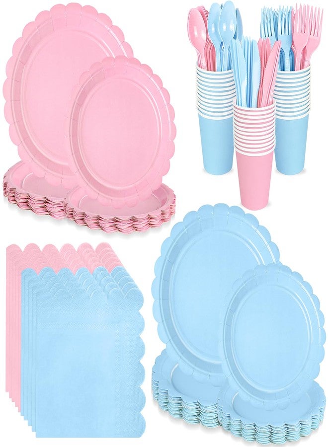 WNINK 168 PCS Light Pink and Blue Scalloped Plates and Napkins, Pink Disposable Plates Set with Napkins Cups Plastic Spoons Forks Knivesfor Baby Shower Gender Reveal Birthday Party Supplies Serve 24 Guests - Image 1