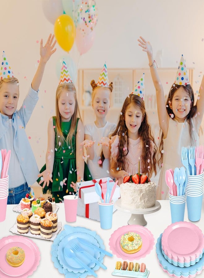 WNINK 168 PCS Light Pink and Blue Scalloped Plates and Napkins, Pink Disposable Plates Set with Napkins Cups Plastic Spoons Forks Knivesfor Baby Shower Gender Reveal Birthday Party Supplies Serve 24 Guests - Image 4