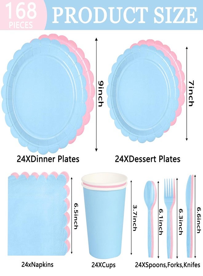 WNINK 168 PCS Light Pink and Blue Scalloped Plates and Napkins, Pink Disposable Plates Set with Napkins Cups Plastic Spoons Forks Knivesfor Baby Shower Gender Reveal Birthday Party Supplies Serve 24 Guests - Image 2