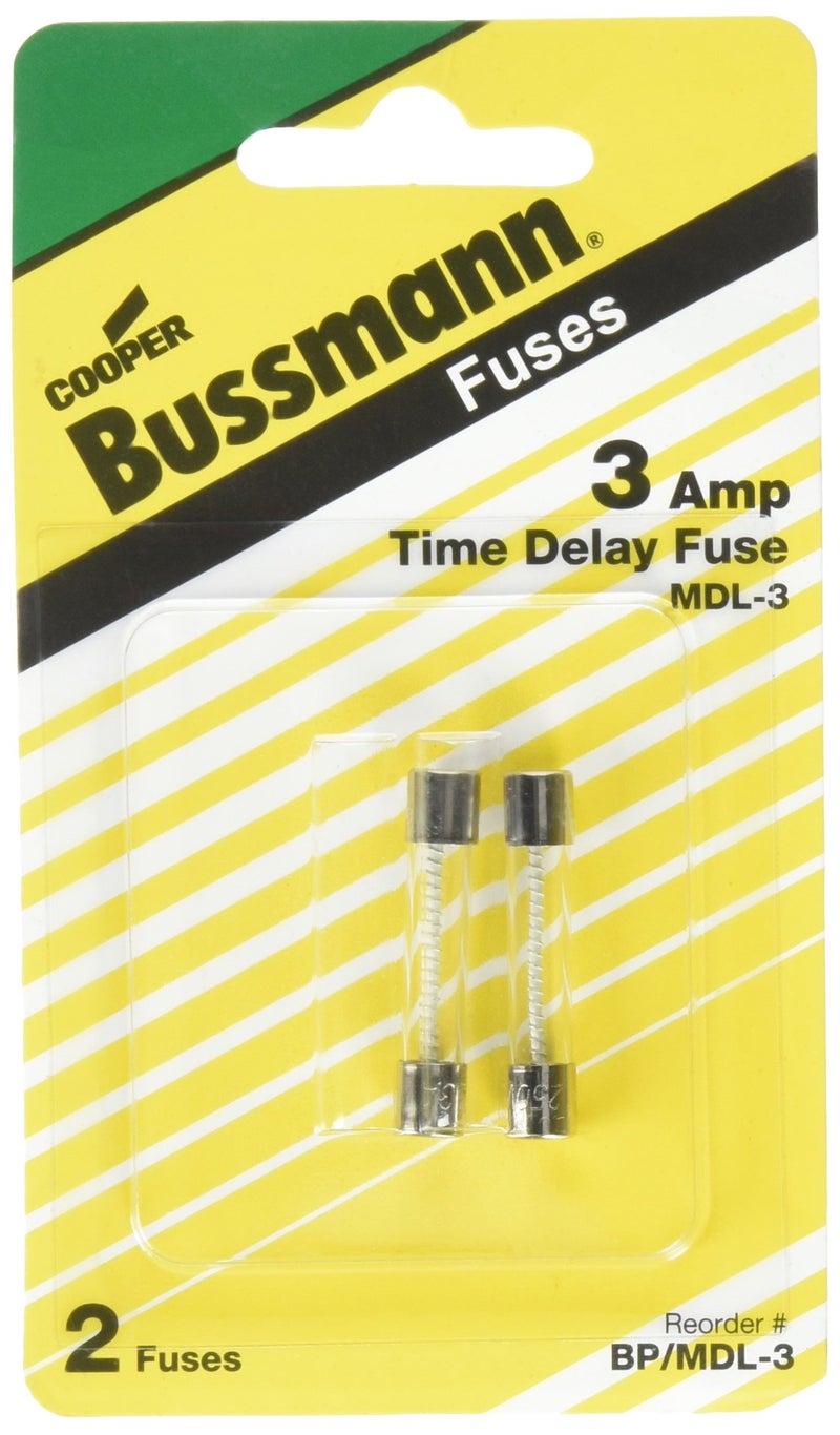 Bussmann BP/MDL-3 3 Amp Time Delay Glass Tube Fuse 250Vac, UL Listed Carded, 2-Pack, Pack of 1, No Color