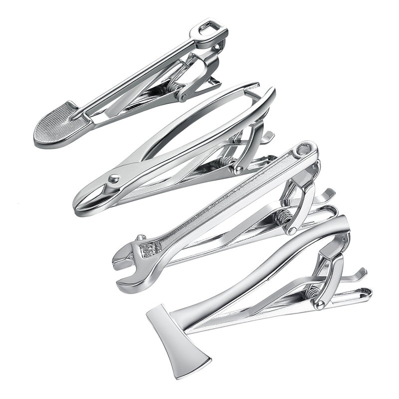 Yoursfs 4Pcs Silvery Skinny Cool Tie Clips Set for Men Firefighter Tie Bar Funny Tire Axe Wrench Pliers Shovel Tool Novelty Tie Clip - Image 1
