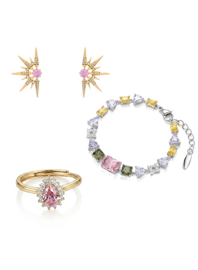 “ Vibrant Summer Celestial Candy Collection”  - Luxury Adjustable Vacay Jewelry Set - Adjustable Sakura Pear-cut ring, Dazzling Starburst Pink Studs & Vibrant Rainbow Tennis Bracelet - 3-Piece Summer Vacation Essentials - Image 1