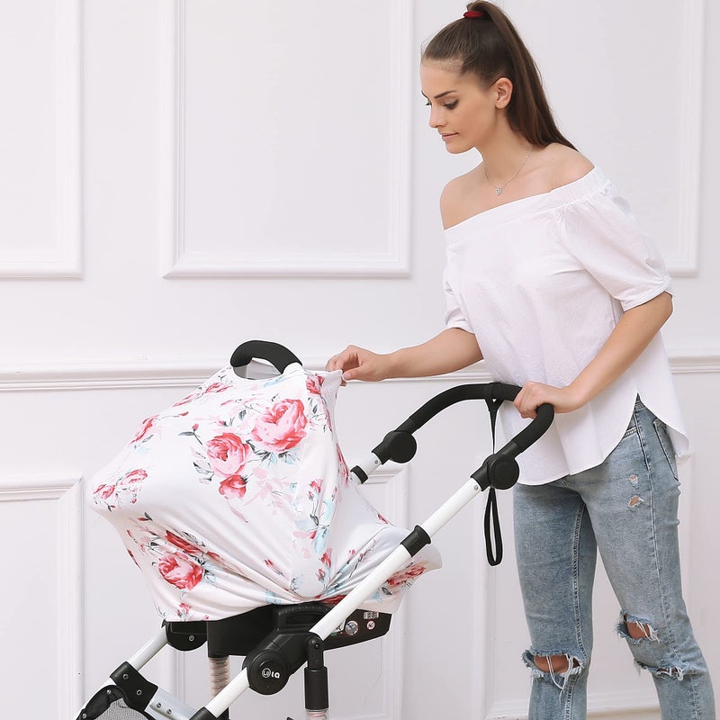 Hicoco Baby Car Seat Covers - Stroller Canopy Breastfeeding Covers  Multi-Use Carseat Canopy  For Boys And Girls Shower Gift (Print Flower) - Image 4