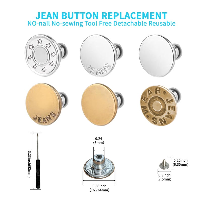 JANCAN 14 PCS Jean Buttons for Loose Jeans - 17 mm Reusable Replacement Buttons No-Sew Nailess Removable Metal Jeans Buttons with Screwdrivers for Cowboy Clothing Jackets Pants DIY Accessories (14) - Image 2