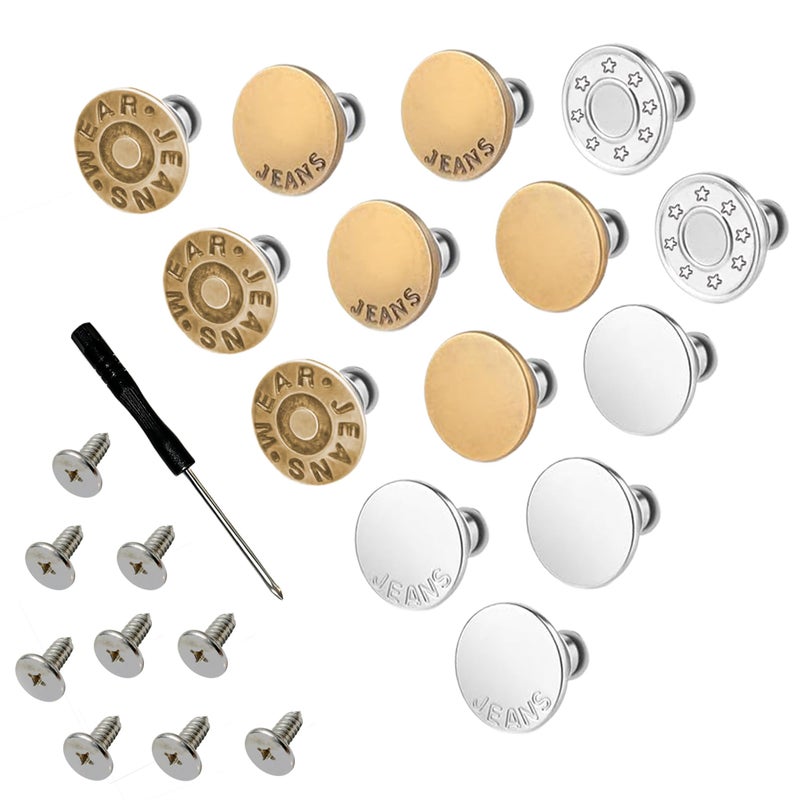 JANCAN 14 PCS Jean Buttons for Loose Jeans - 17 mm Reusable Replacement Buttons No-Sew Nailess Removable Metal Jeans Buttons with Screwdrivers for Cowboy Clothing Jackets Pants DIY Accessories (14) - Image 1