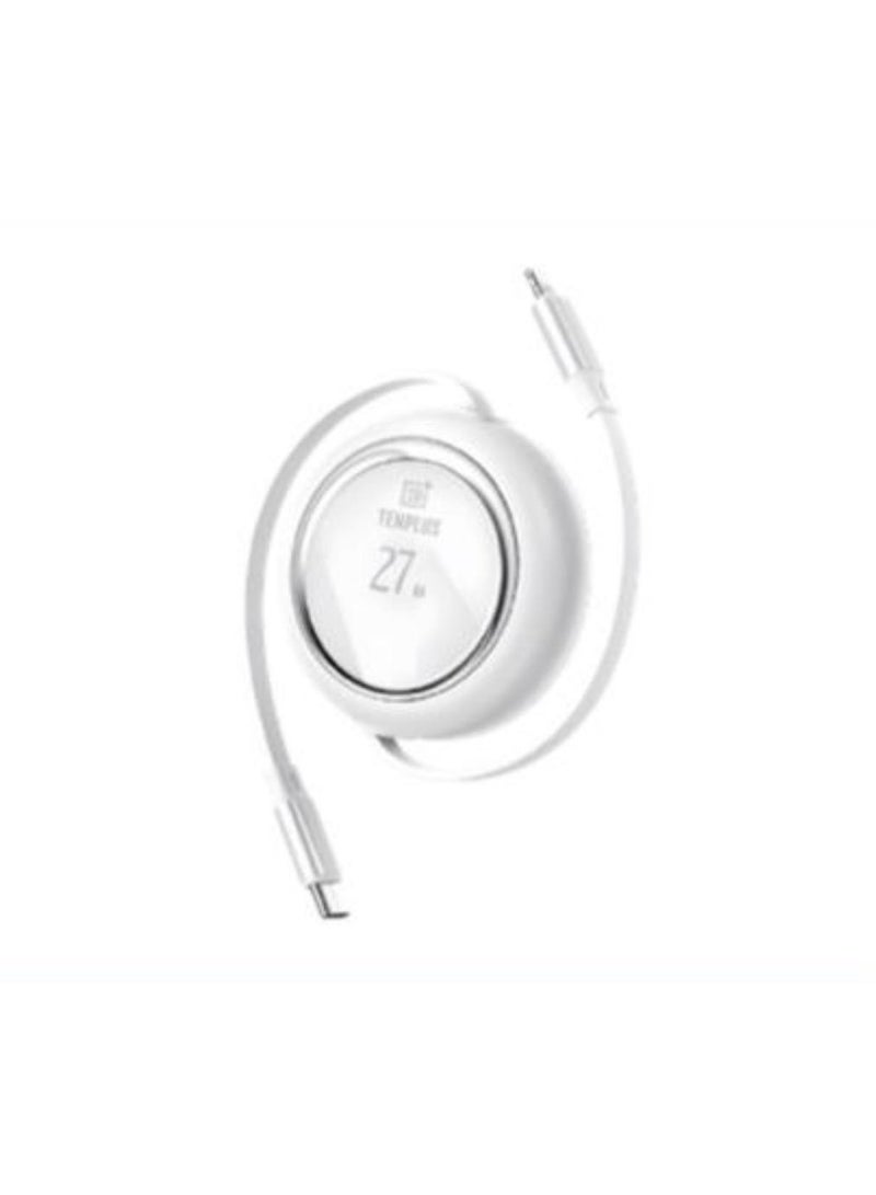 كابل شحن USB-C إلى Lightning سريع قابل للسحب بقدرة 27 وات، تصميم مدمج لهاتف iPhone باللون الأبيض