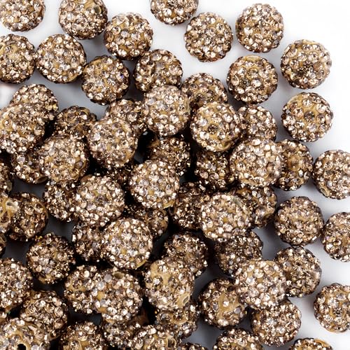 Jukercici 10mm Clay Rhinestone Beads for Bracelets 100 Pcs Sparkle Crystal Beads for Jewelry Making Glitter Round Shamballa Disco Ball Design for DIY Crafts Necklace Earrings Decoration Light Brown - Image 1