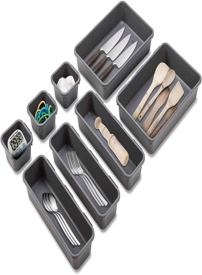 NPB Store Plastic Set of 8 (Dark Grey) Interlocking Drawer Organizer for Cutlery & Desk Storage Set, Divider or Separator Trays for Household, Kitchen & Office - Image 4
