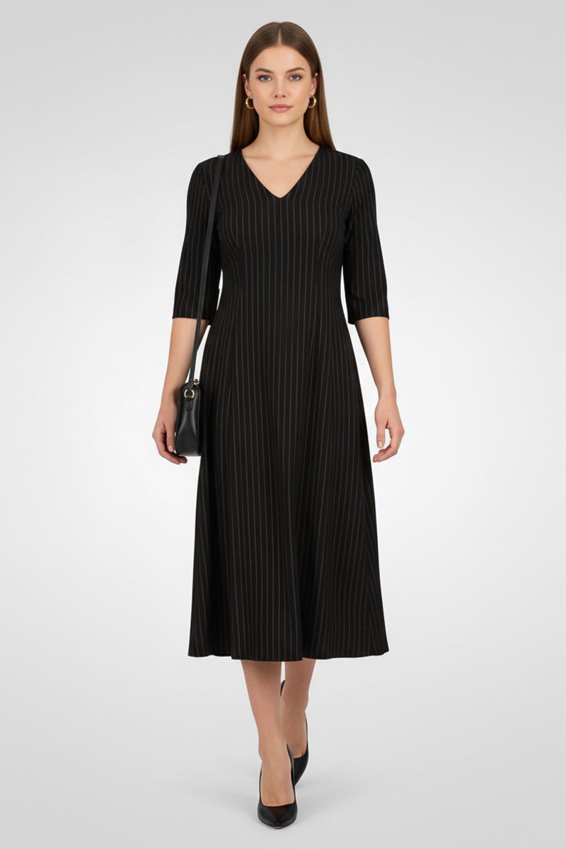 DKNY فستان ميدي مخطط للنساء، أسود - Image 1