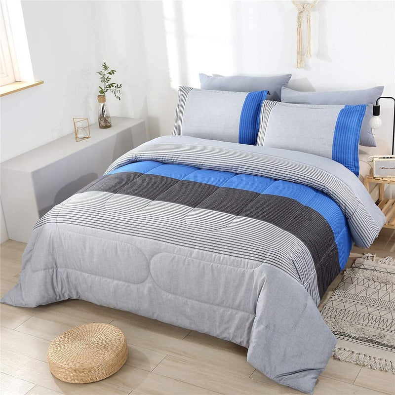 PERFEMET Full Comforter Set 3 Pieces Bedding Set All Seasons Masculine Striped Pattern Vintage Farmhouse Soft Cozy Bedroom for Elegant Men Teen Girls Boys Gray and Blue