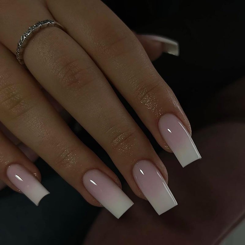 KQueenest Ombre Pink Press on Nails Long Square Shaped Gradient French Fake Nails Press Ons, Natural Gel Square Tips - 24 Pcs Coffin Acrylic False Nails Set for Women Daily Wear - Image 2