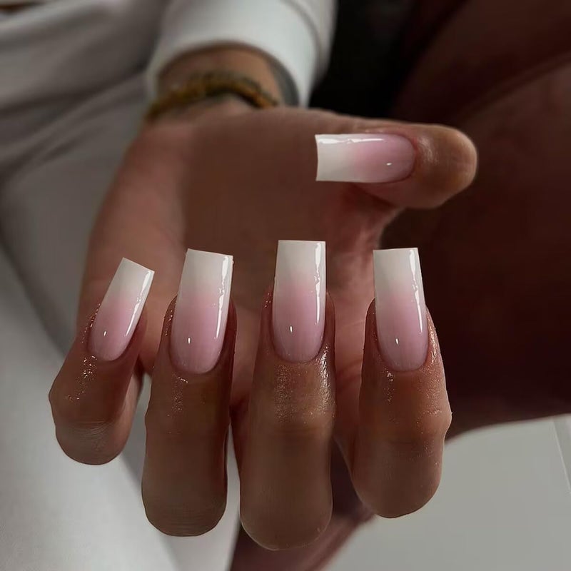 KQueenest Ombre Pink Press on Nails Long Square Shaped Gradient French Fake Nails Press Ons, Natural Gel Square Tips - 24 Pcs Coffin Acrylic False Nails Set for Women Daily Wear - Image 1