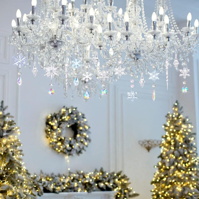 Queekay 32 Pieces Crystal Ornament Christmas Snowflake Decorations Snowflake Icicle Drop Ornaments Set with Silver Rope Crystal Christmas Tree Decorations Acrylic Hanging OrnamentsLovely Color - Image 2