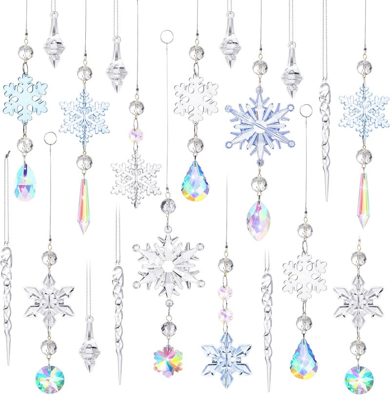 Queekay 32 Pieces Crystal Ornament Christmas Snowflake Decorations Snowflake Icicle Drop Ornaments Set with Silver Rope Crystal Christmas Tree Decorations Acrylic Hanging OrnamentsLovely Color - Image 1