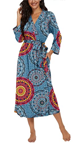 VINTATRE Women Kimono Robes Long Knit Bathrobe Lightweight Soft Knit Sleepwear V-neck Casual Ladies Loungewear FP-Mix Blue-Medium - Image 3