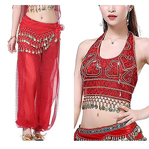 VRITRAZ Women's Chiffon Belly Dance Heart Design Chiffon Top, Harem Pants and Hip Scarf Ringy Fancy Pants (Red) - Image 1
