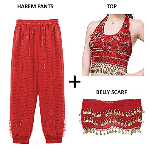 VRITRAZ Women's Chiffon Belly Dance Heart Design Chiffon Top, Harem Pants and Hip Scarf Ringy Fancy Pants (Red) - Image 2