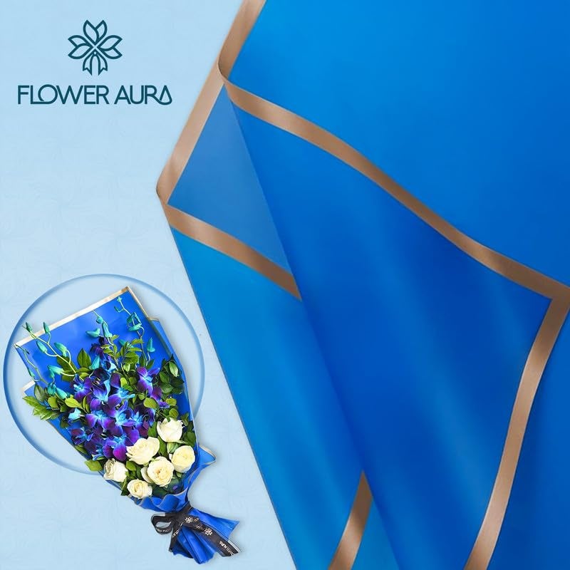 FlowerAura Designer Waterproof Blue With Golden Border Korean Wrapping Paper For Flower Bouquet Wrapping Paper, Gift Wrapping Paper, DIY Handmade Paper, Artistic & Florist Creation Paper (Set of 20) - Image 2