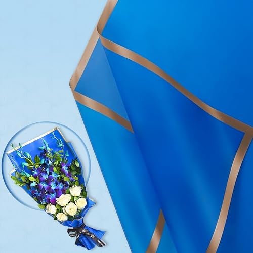 FlowerAura Designer Waterproof Blue With Golden Border Korean Wrapping Paper For Flower Bouquet Wrapping Paper, Gift Wrapping Paper, DIY Handmade Paper, Artistic & Florist Creation Paper (Set of 20) - Image 1