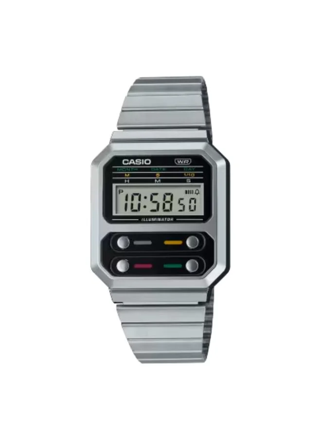 CASIO Unisex Digital Display Watch With Silver Stainless Steel Strap - A100WE-1ADF