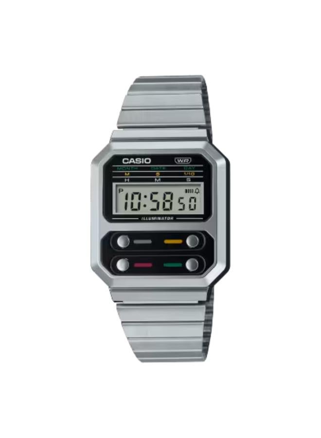 CASIO Unisex Digital Display Watch With Silver Stainless Steel Strap - A100WE-1ADF - Image 1
