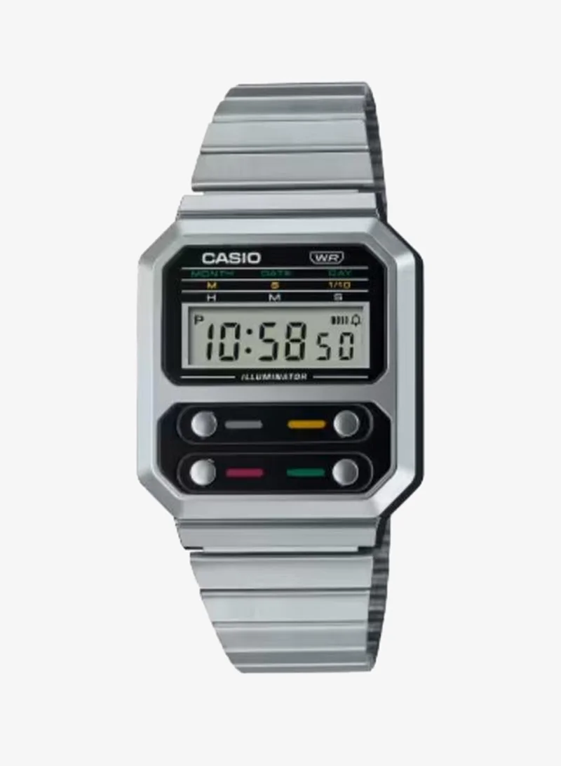 CASIO Unisex Digital Display Watch With Silver Stainless Steel Strap - A100WE-1ADF