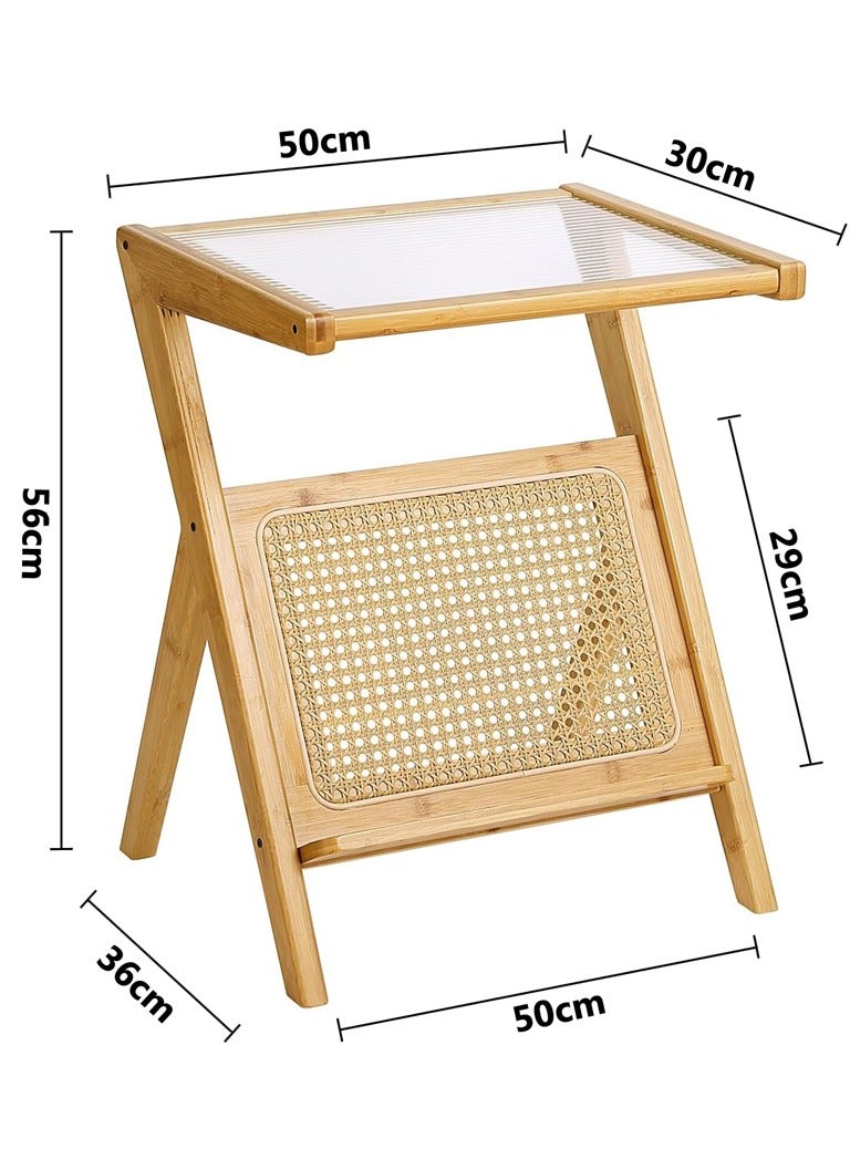 LINGWEI Rattan Side Table Mid Century Nightstand Bamboo Accent Bedside Tables Glass Coffee Tables Boho Wooden End Table with Storage for Small Space  - Image 3