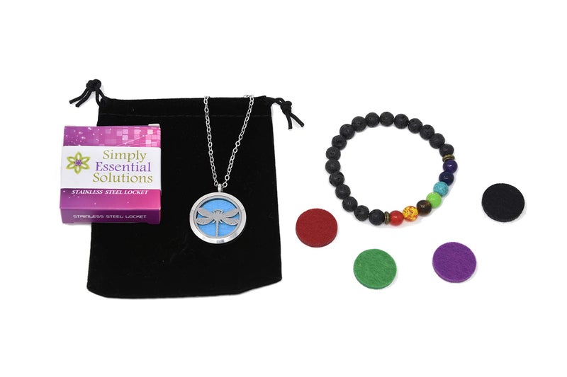 Simply Essential Solutions Aromatherapy Essential Oil Diffuser Stainless Steel Silver 30 MM Magnetic Locket Pendant 2 Sizes Chain Necklace, Refill Pads & Diffuser Bracelet in a Velvet Bag (Dragonfly) - Image 2