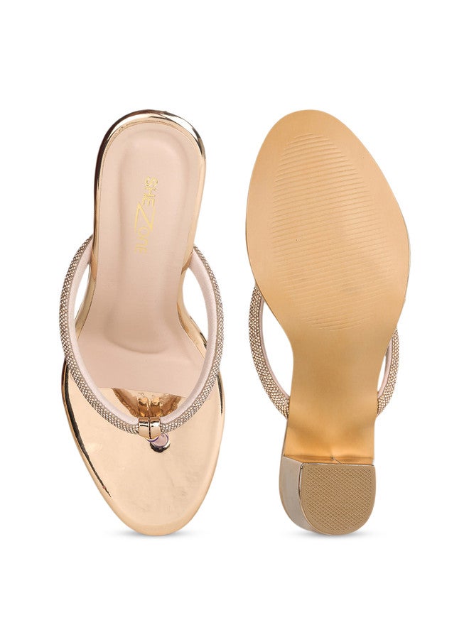 She Zone Rose Gold Embellished Block Heels for Women - Image 5