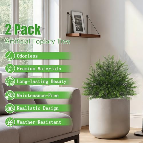 Yangrass 23" Artificial Cedar Topiary Ball Trees with Spike, Set of 2 UV Resistant Fake Evergreen Bushes Shrubs Trees, Realistic Faux Cypress Plants for Outdoor Indoor - Image 4