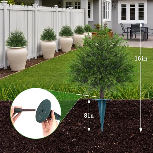 Yangrass 23" Artificial Cedar Topiary Ball Trees with Spike, Set of 2 UV Resistant Fake Evergreen Bushes Shrubs Trees, Realistic Faux Cypress Plants for Outdoor Indoor - Image 3