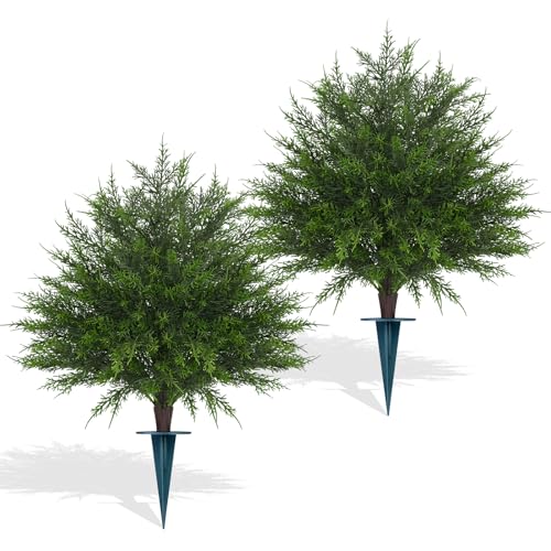 Yangrass 23" Artificial Cedar Topiary Ball Trees with Spike, Set of 2 UV Resistant Fake Evergreen Bushes Shrubs Trees, Realistic Faux Cypress Plants for Outdoor Indoor - Image 1
