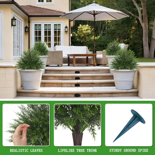 Yangrass 23" Artificial Cedar Topiary Ball Trees with Spike, Set of 2 UV Resistant Fake Evergreen Bushes Shrubs Trees, Realistic Faux Cypress Plants for Outdoor Indoor - Image 5