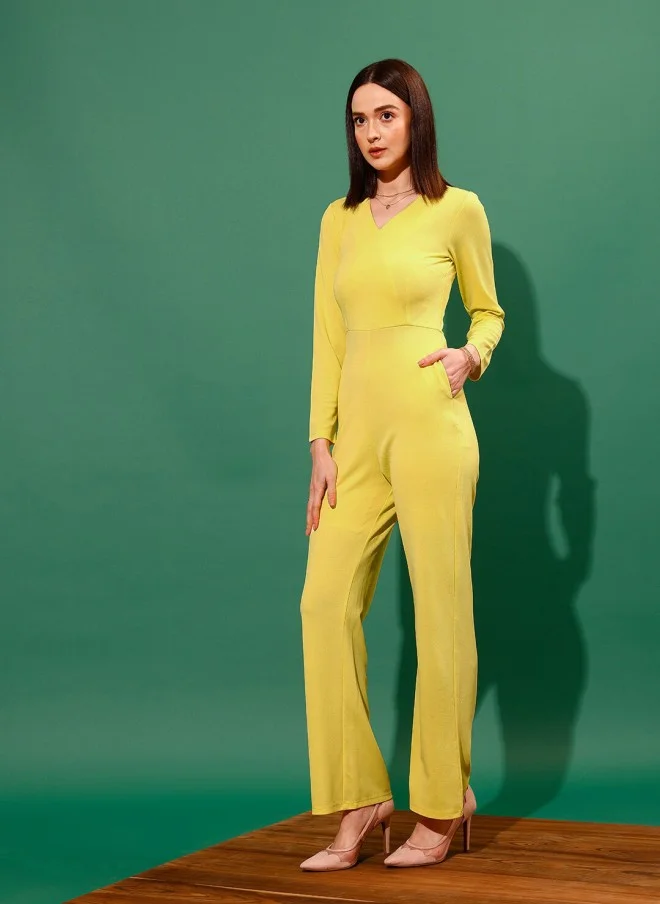Yellow V-Neck Wrap Jumpsuit for Women
