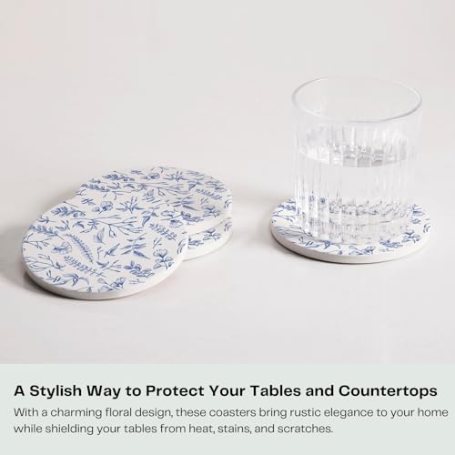 Hoomey Set of 6 Floral Blue and White Coasters with Holder Absorbent Ceramic Drink Coasters with Cork Backing for Table Protection Coffee Table Dcor - Image 3