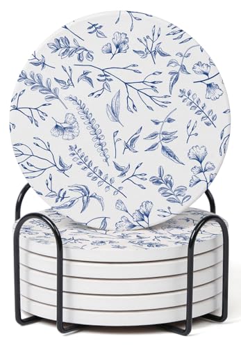Hoomey Set of 6 Floral Blue and White Coasters with Holder Absorbent Ceramic Drink Coasters with Cork Backing for Table Protection Coffee Table Dcor - Image 1