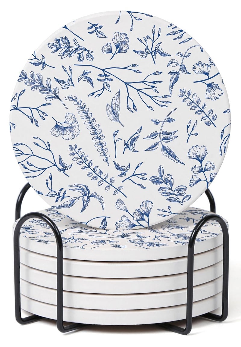 Hoomey Set of 6 Floral Blue and White Coasters with Holder Absorbent Ceramic Drink Coasters with Cork Backing for Table Protection Coffee Table Dcor - Image 2
