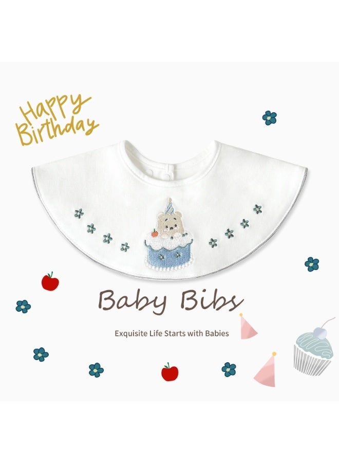 Premium Embroidered Cotton Baby Bib with Blue Cake and Bear Design - Waterproof Adjustable Drool Bib, Rolled Edge for Elegant Protection - Image 2