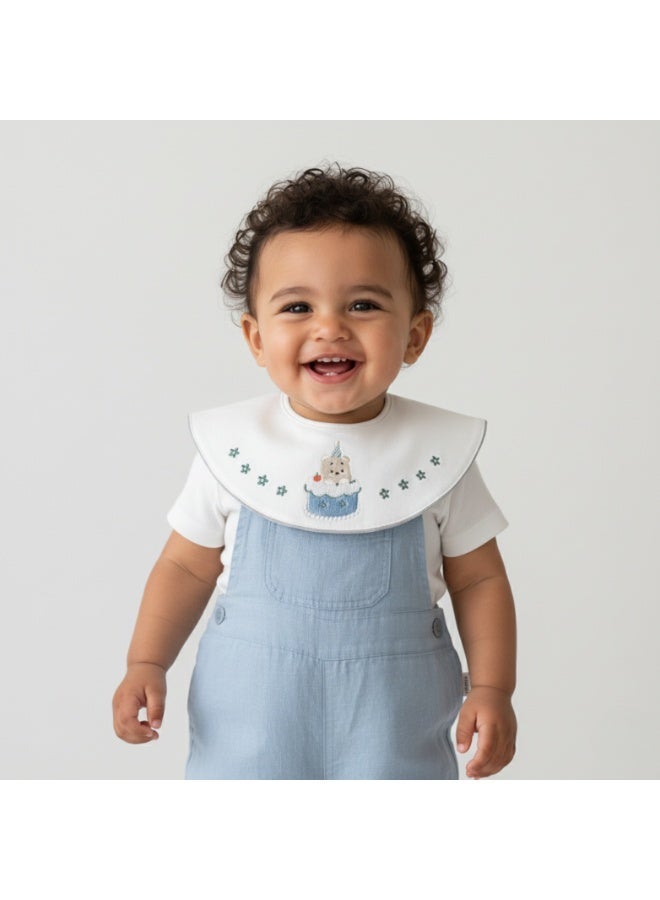 Premium Embroidered Cotton Baby Bib with Blue Cake and Bear Design - Waterproof Adjustable Drool Bib, Rolled Edge for Elegant Protection - Image 1
