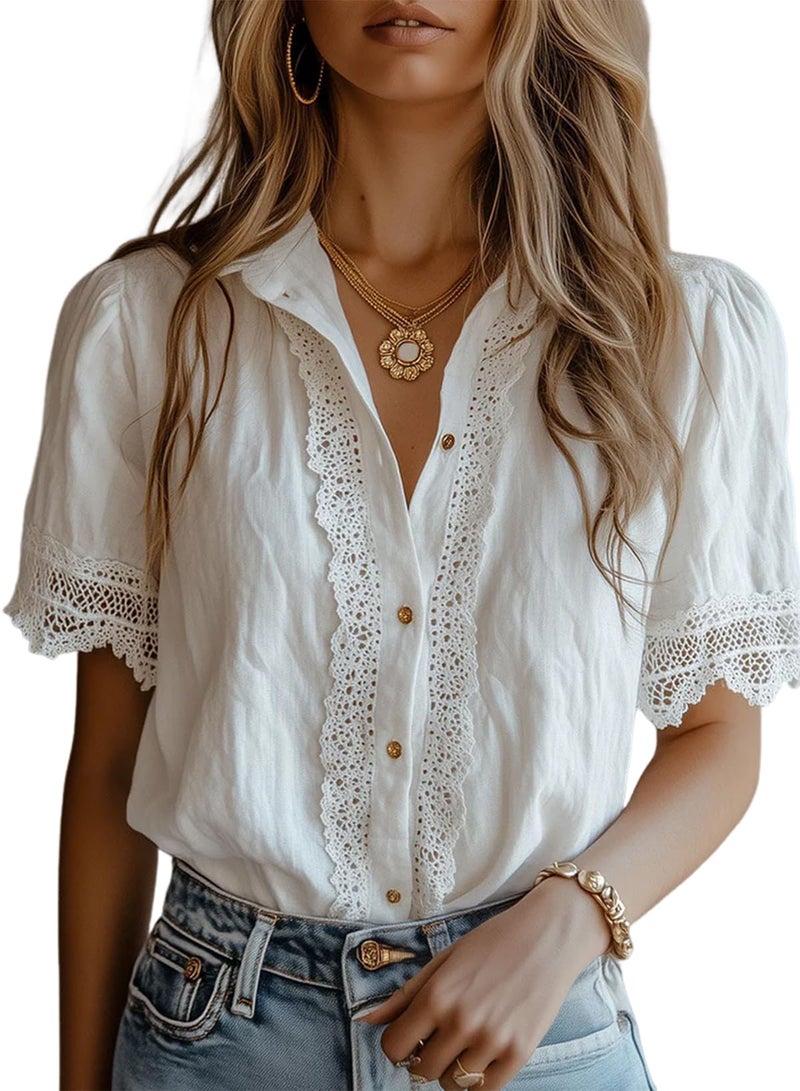 Dokotoo Dressy Tops for Women Blouses for Women Cotton Linen Button Down Shirts Short Sleeve Business Dressy Casual Spring Summer Boho Tops Fashion Clothing White Large - Image 1