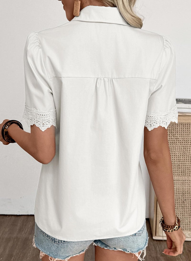 Dokotoo Dressy Tops for Women Blouses for Women Cotton Linen Button Down Shirts Short Sleeve Business Dressy Casual Spring Summer Boho Tops Fashion Clothing White Large - Image 3